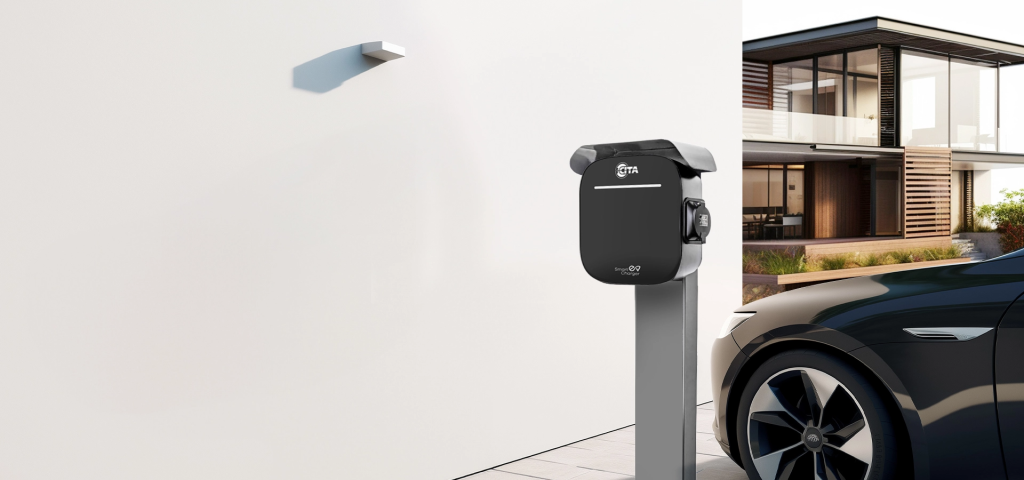 Close-up of CITA Smart AC EV Charger showcasing its IK10-rated durable casing and sleek design for outdoor use in the UK.