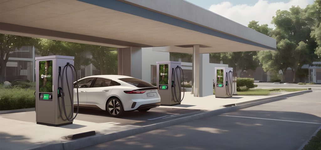 An outdoor public EV charging station in Dubai, UAE, at sunset, with a man in traditional Emirati dress plugging in a white Tesla electric vehicle. Palm trees and a body of water are visible in the background, with the "CITA EV" logo displayed on the charger's screen.