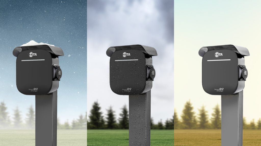 A modern 7kW AC EV charging station, designed to seamlessly integrate into various settings, from private garages to corporate parking lots.