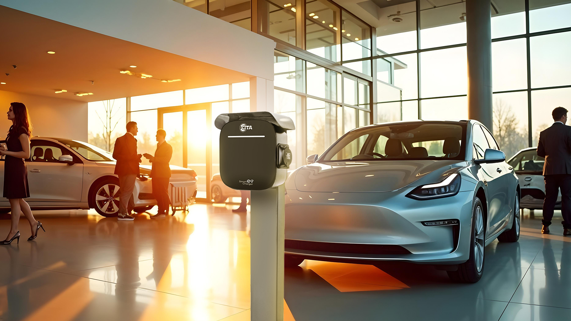 An illustrative image of a 7kW AC charger connected to an electric vehicle, demonstrating a typical use case for convenient and accessible home and workplace charging.