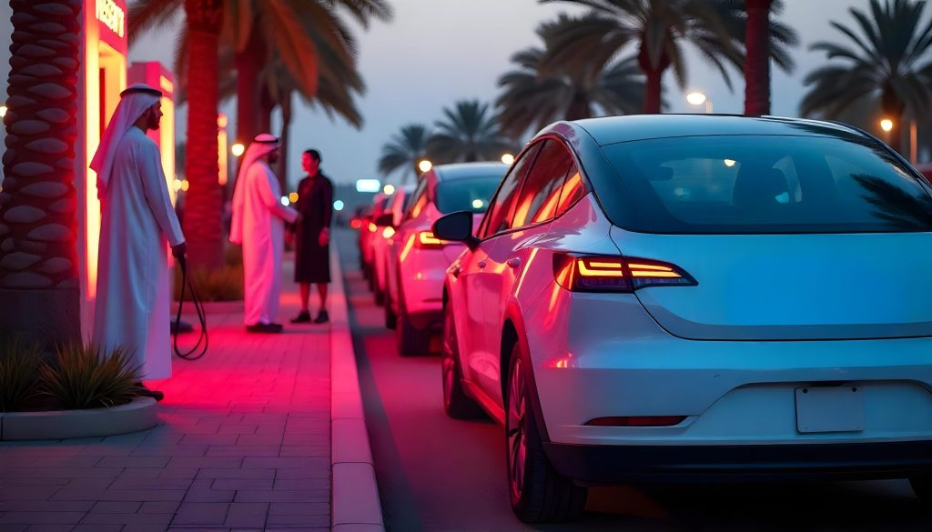 The image shows a line of parked electric vehicles, primarily white Teslas, at dusk or dawn. The cars are positioned along a curb next to a pedestrian walkway.