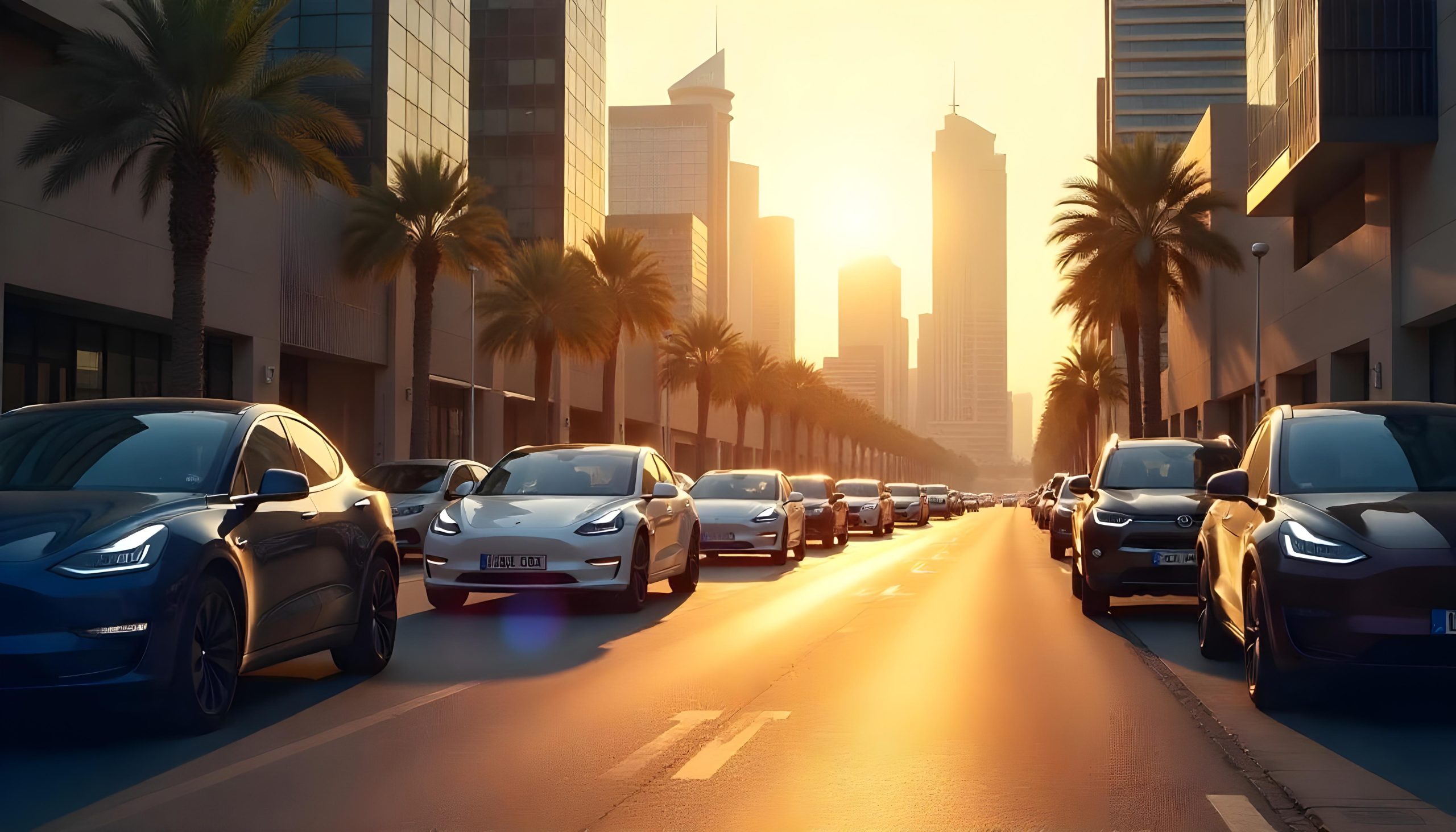 A sunny, wide-angle shot of a city street at sunset, with a line of electric vehicles (EVs) stretching into the distance.
