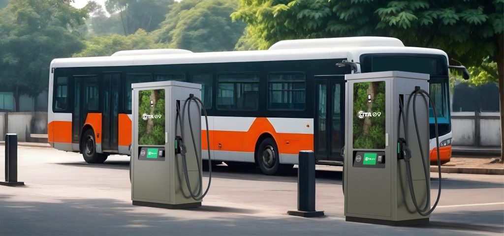 CITA EV charging stations powering electric buses at a public transit hub, highlighting advanced EV charging infrastructure for sustainable and efficient urban transportation.